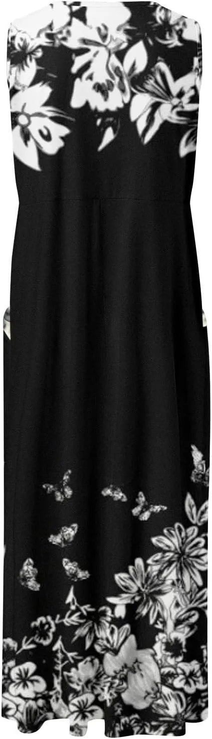 Sundresses for Women 2024 Casual Cotton Linen Maxi Dresses with Pockets Loose Print Sun Dress Plus Size Summer Dress