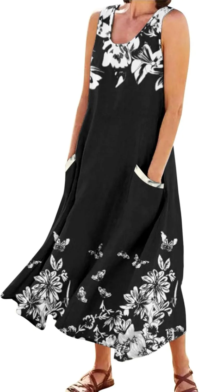 Sundresses for Women 2024 Casual Cotton Linen Maxi Dresses with Pockets Loose Print Sun Dress Plus Size Summer Dress