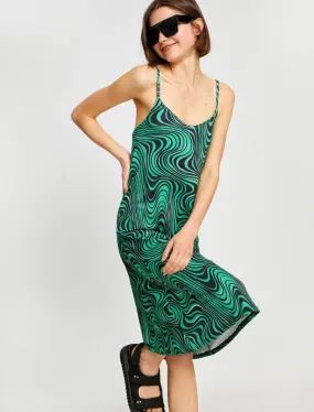 Swirl Print Strappy Midi Slip Sundress in Green