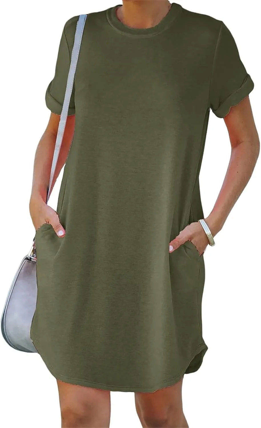 Tshirt Dress Women Summer Short Sleeve Mini Dress Soft Crew Neck Casual Sundress Loose Solid Color Dresses with Pockets