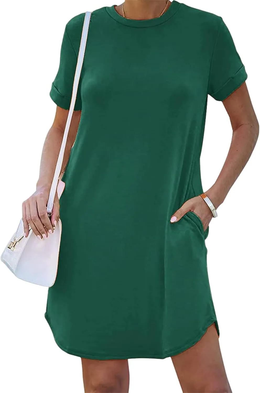 Tshirt Dress Women Summer Short Sleeve Mini Dress Soft Crew Neck Casual Sundress Loose Solid Color Dresses with Pockets
