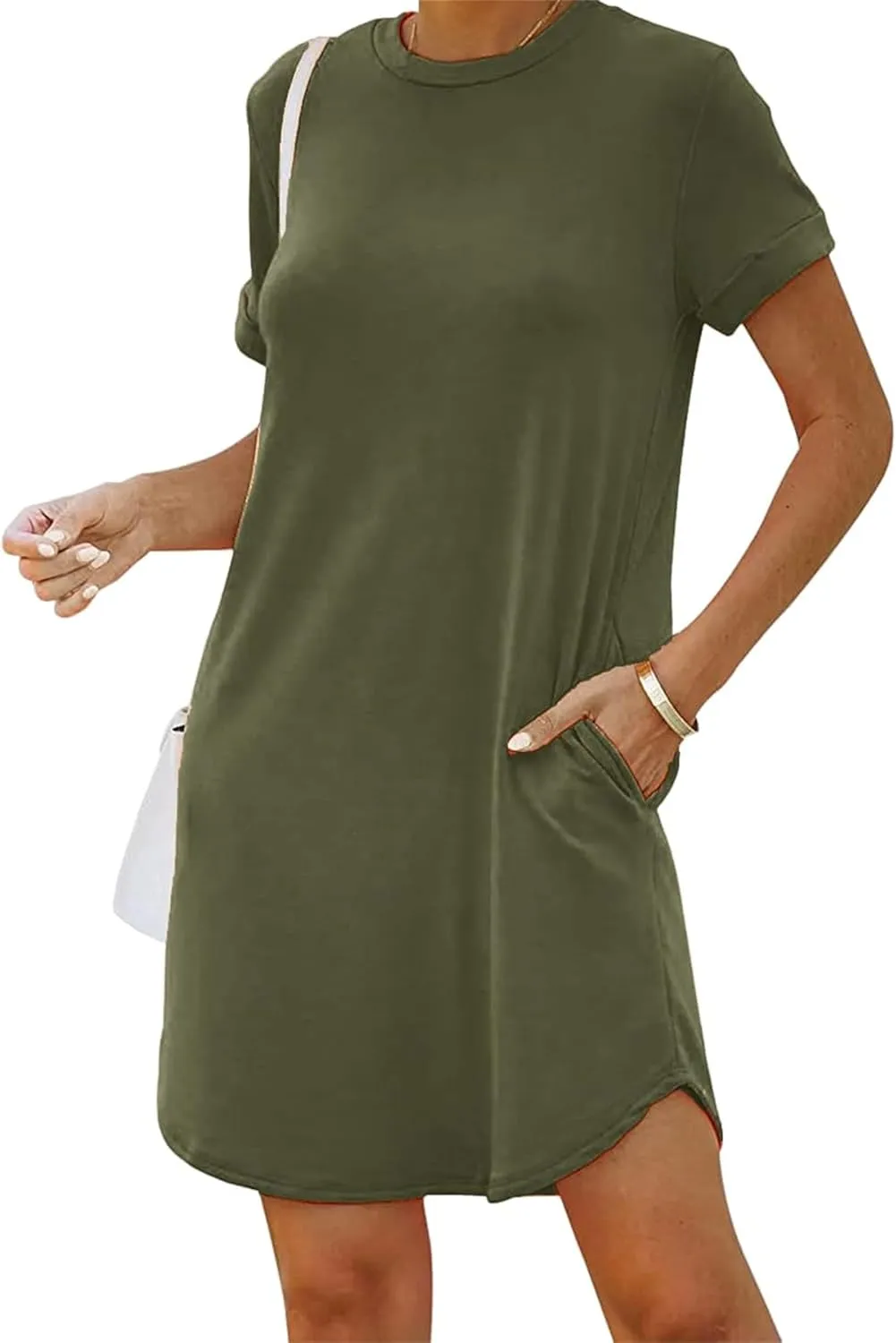 Tshirt Dress Women Summer Short Sleeve Mini Dress Soft Crew Neck Casual Sundress Loose Solid Color Dresses with Pockets