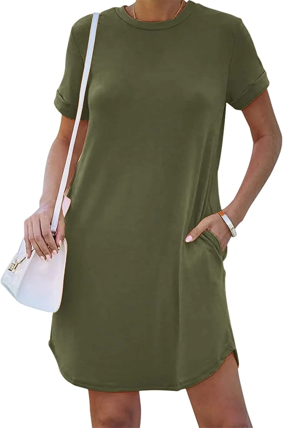 Tshirt Dress Women Summer Short Sleeve Mini Dress Soft Crew Neck Casual Sundress Loose Solid Color Dresses with Pockets