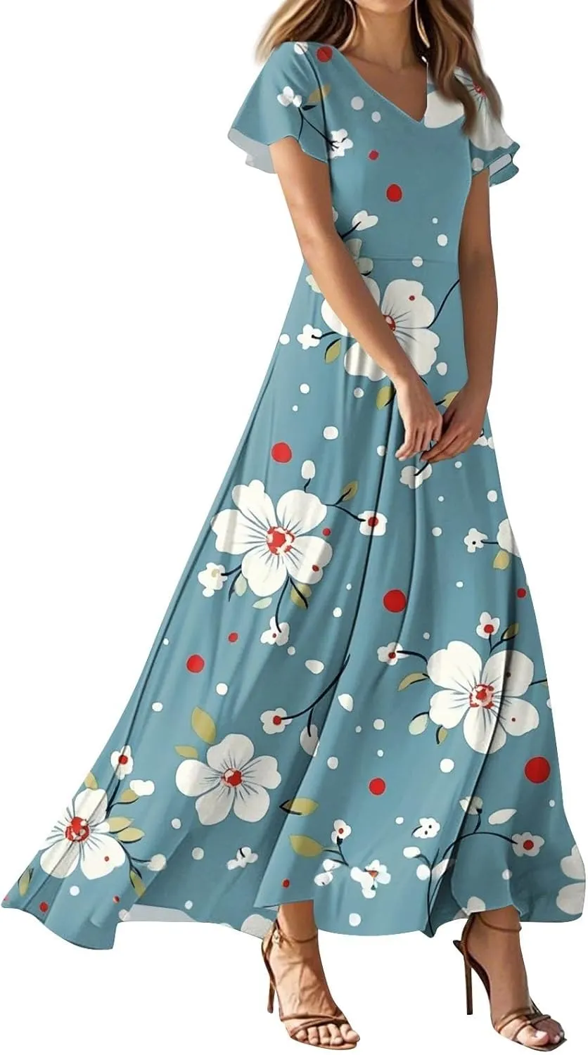 Tunic Stylish Summer Dress Ladies Birthday Short Sleeve Print Relaxed Fit for Women V Neck Comfort Dresses