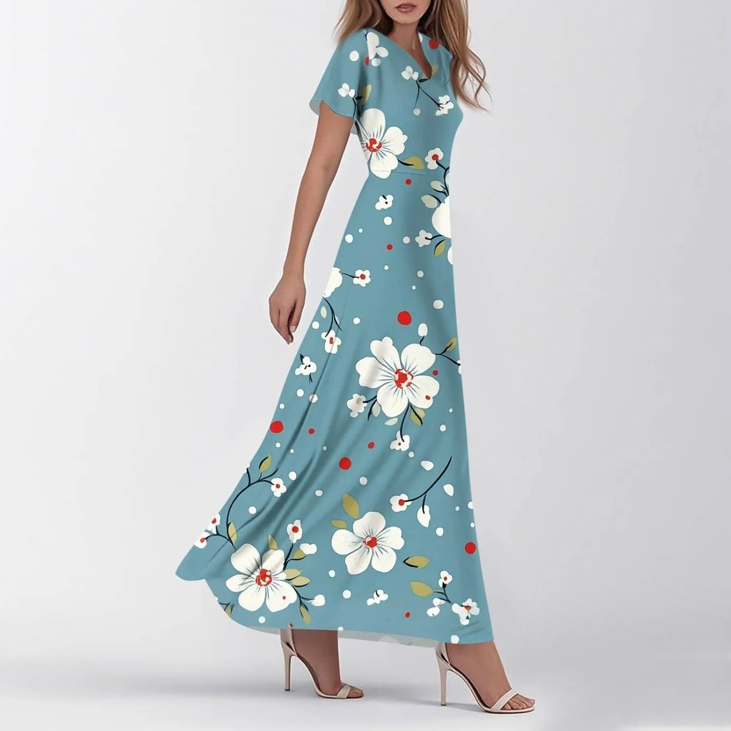 Tunic Stylish Summer Dress Ladies Birthday Short Sleeve Print Relaxed Fit for Women V Neck Comfort Dresses