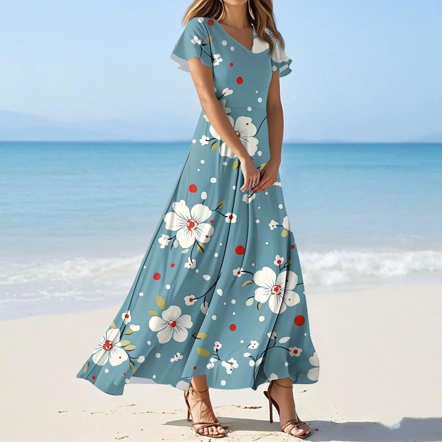 Tunic Stylish Summer Dress Ladies Birthday Short Sleeve Print Relaxed Fit for Women V Neck Comfort Dresses