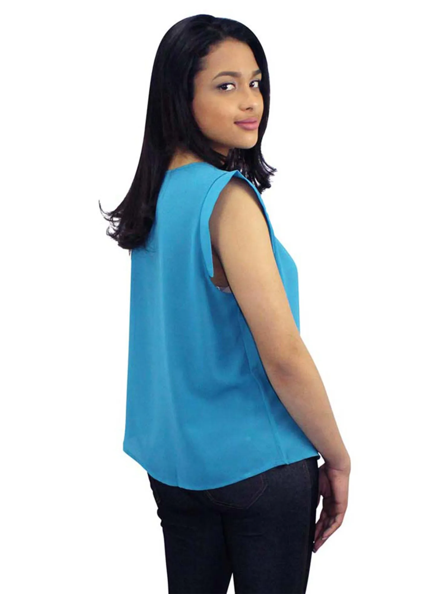 Turquoise Blue Simple Sleeveless Crepe Chiffon Blouse Size Medium