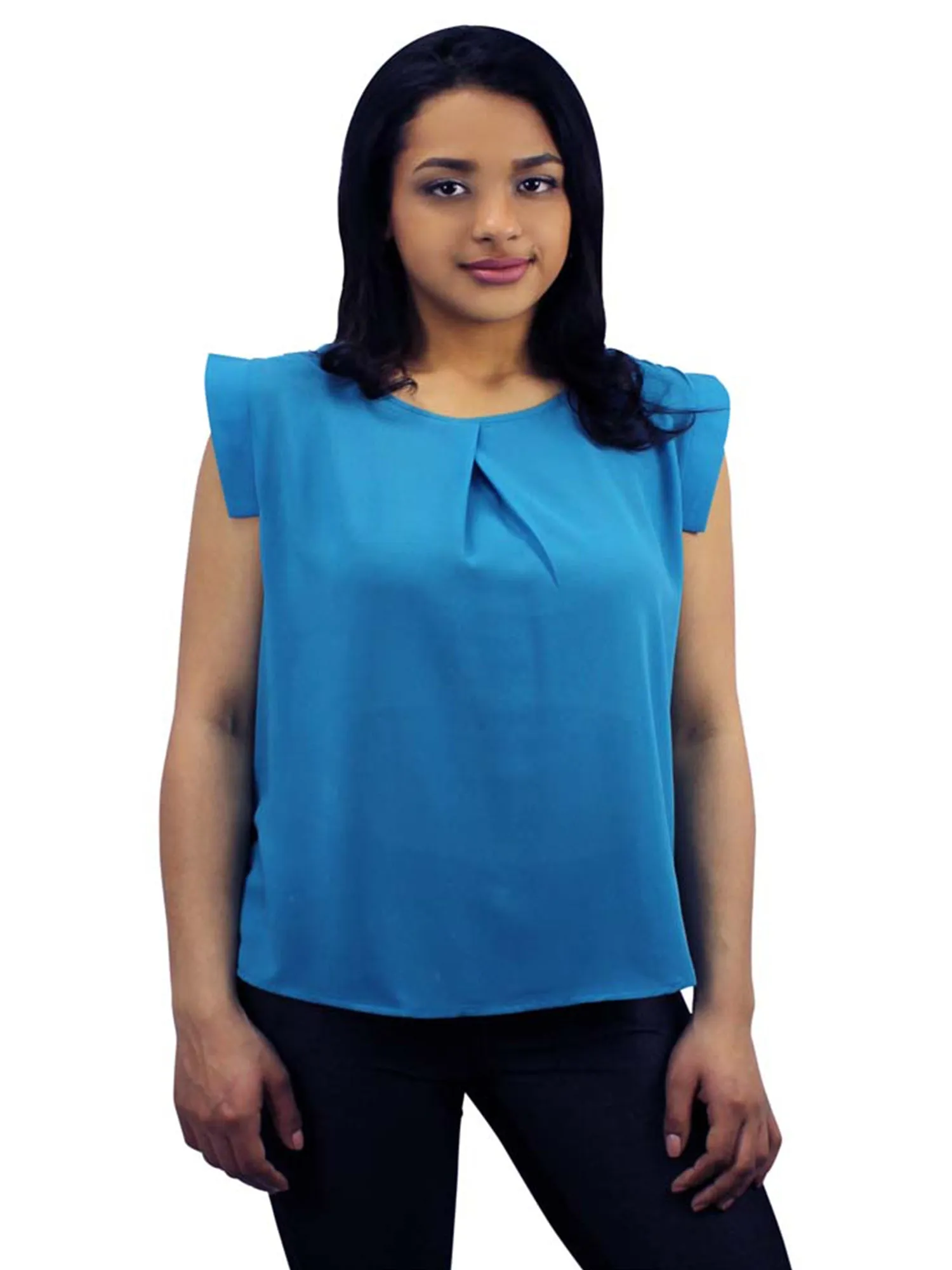 Turquoise Blue Simple Sleeveless Crepe Chiffon Blouse Size Medium