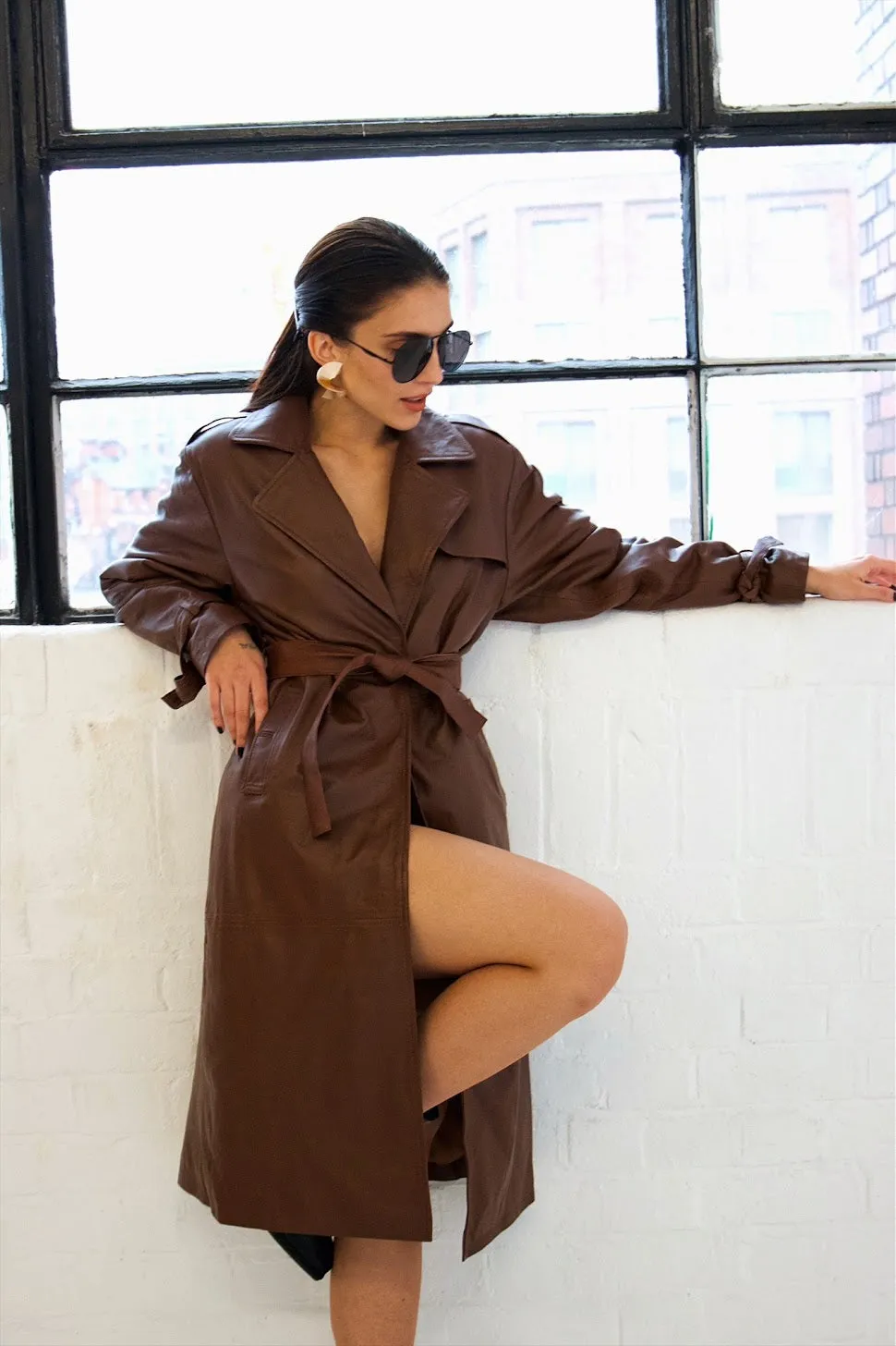 Una Brown Leather Trench Coat