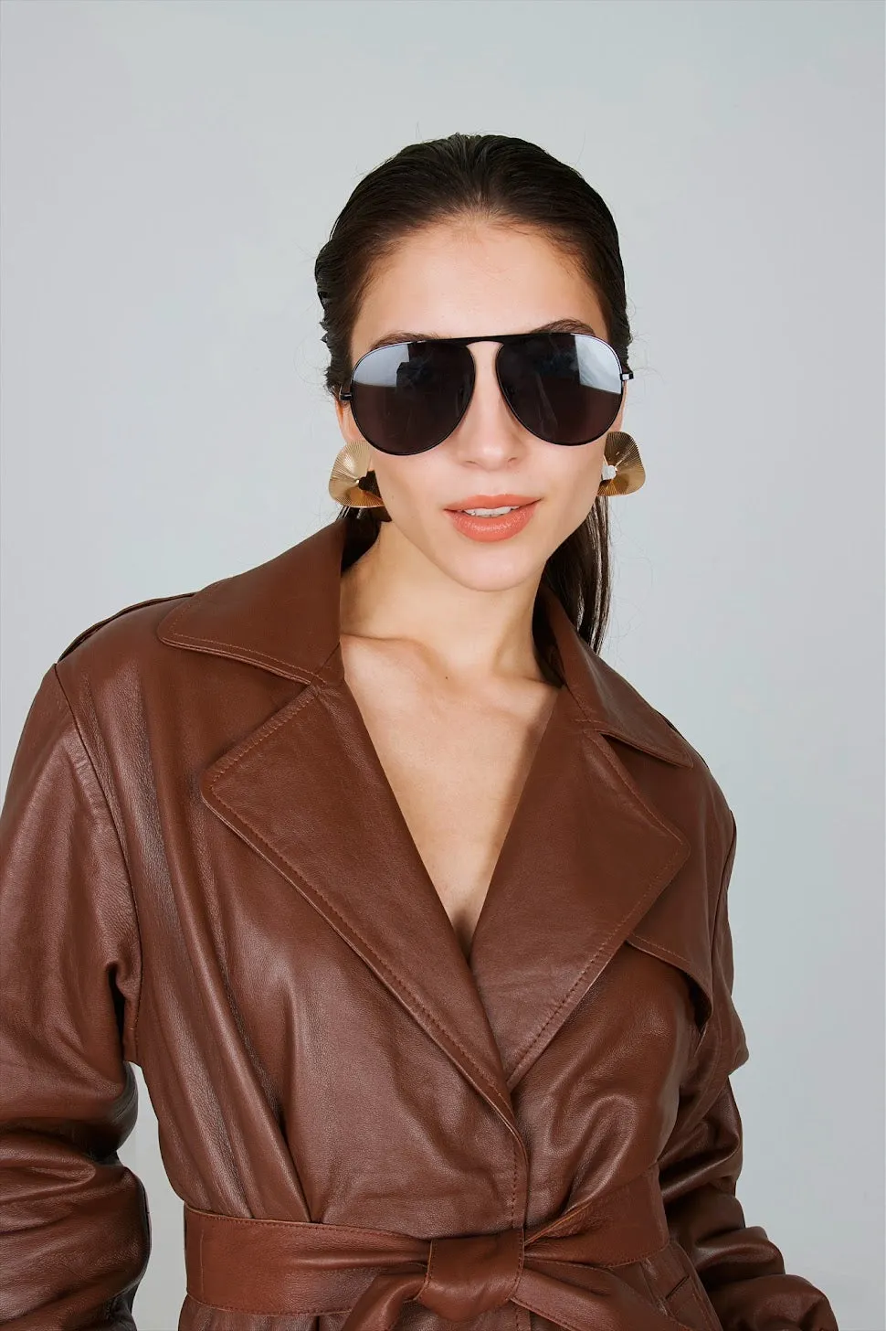 Una Brown Leather Trench Coat