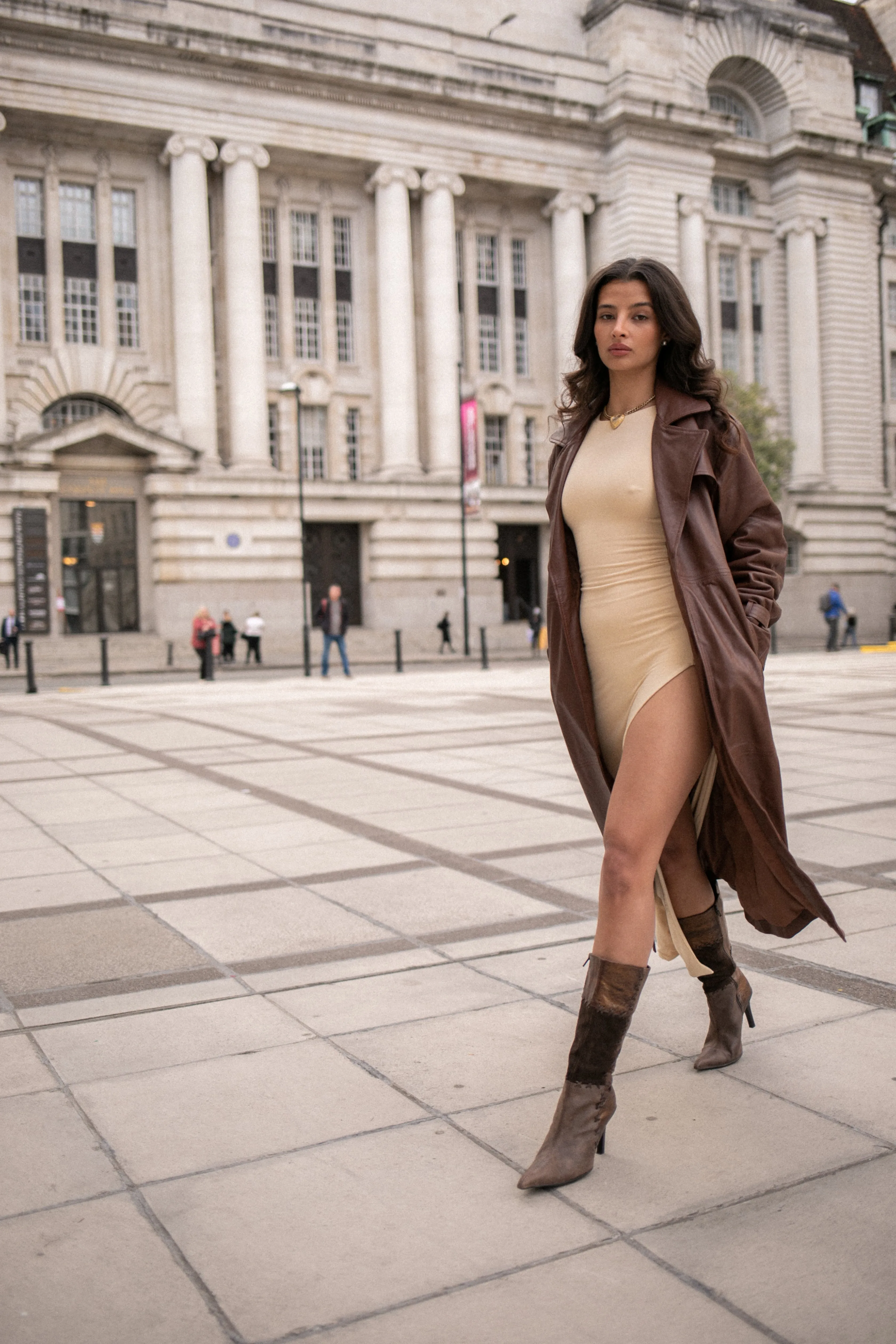 Una Brown Leather Trench Coat