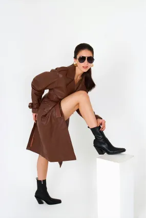 Una Brown Leather Trench Coat