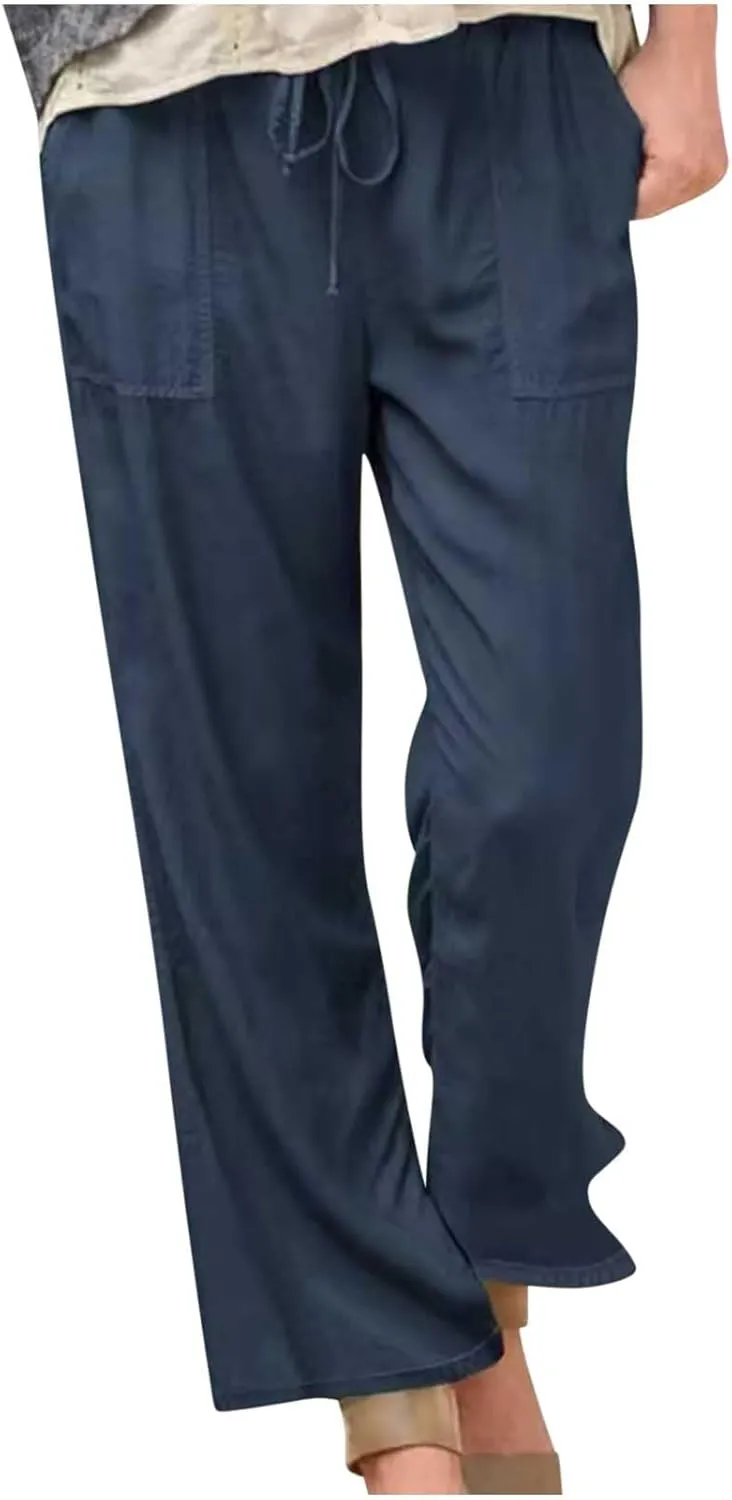 Women Drawstring Solid Color Trousers Soft Loose Wide Leg Pants Casual Lightweight Straight Leg Pants with Pockets