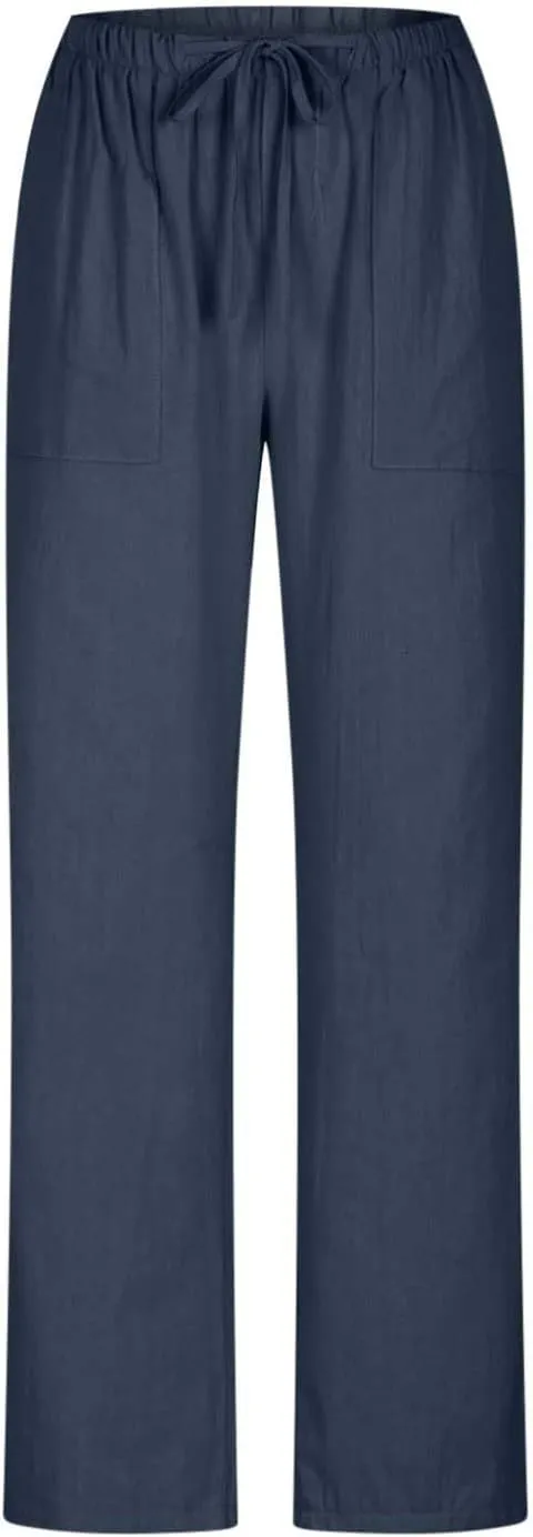 Women Drawstring Solid Color Trousers Soft Loose Wide Leg Pants Casual Lightweight Straight Leg Pants with Pockets