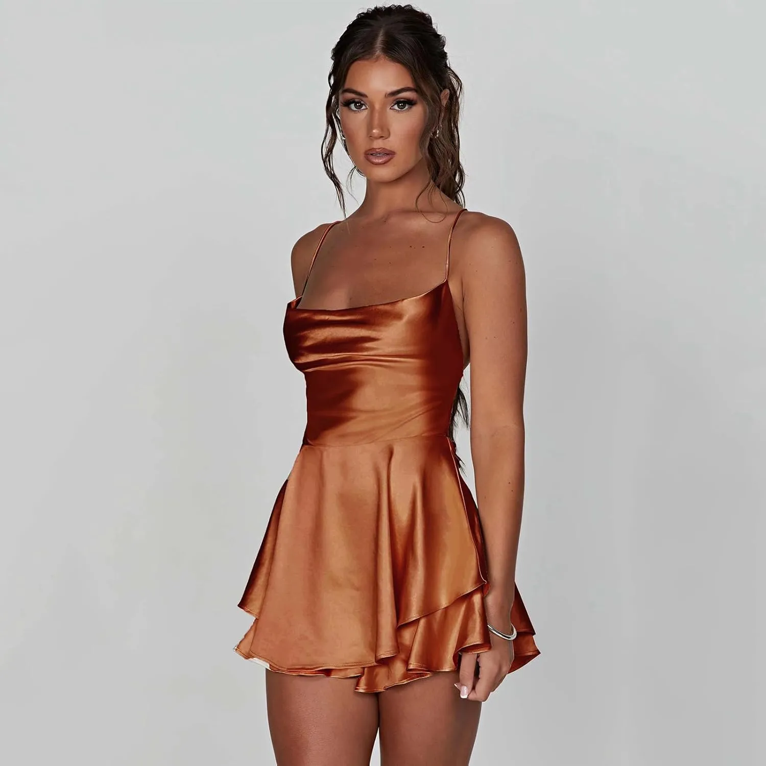 Women Sexy Spaghetti Strap Satin Dress Sleeveless Low Cut Backless Short Romper Dress Party Jumpsuit Mini Sundress