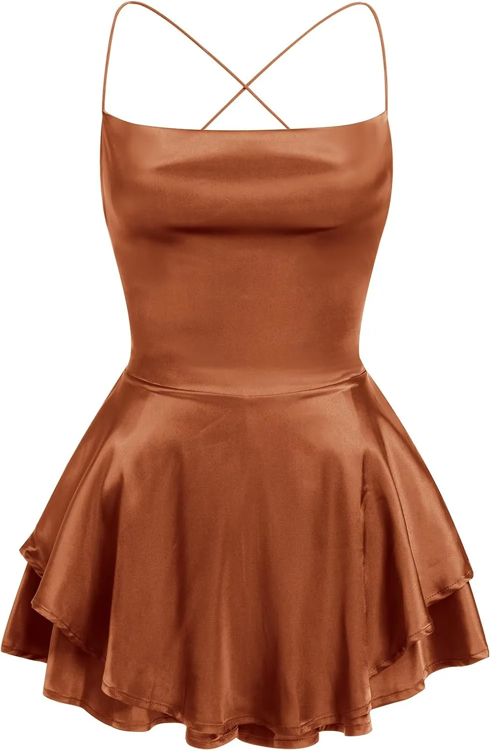 Women Sexy Spaghetti Strap Satin Dress Sleeveless Low Cut Backless Short Romper Dress Party Jumpsuit Mini Sundress