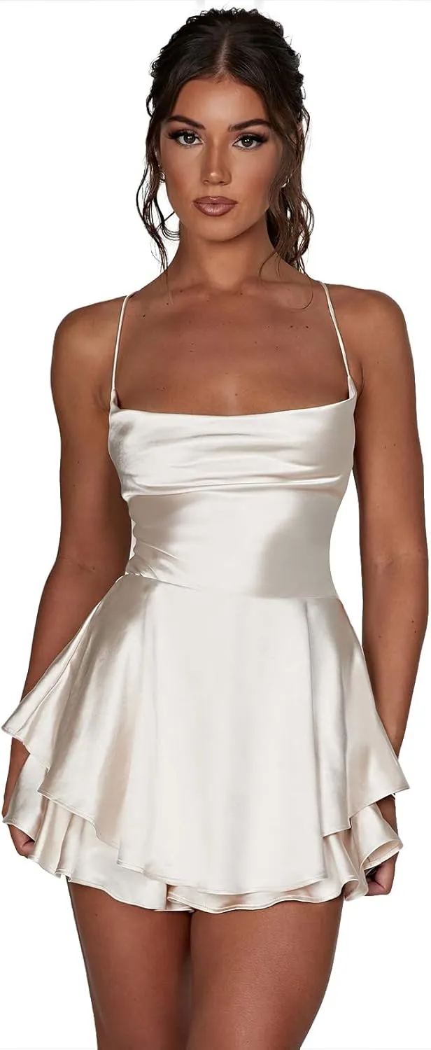 Women Sexy Spaghetti Strap Satin Dress Sleeveless Low Cut Backless Short Romper Dress Party Jumpsuit Mini Sundress
