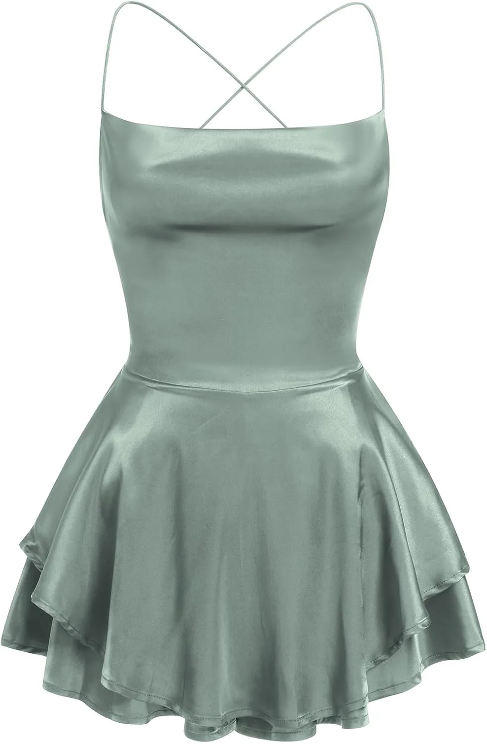 Women Sexy Spaghetti Strap Satin Dress Sleeveless Low Cut Backless Short Romper Dress Party Jumpsuit Mini Sundress