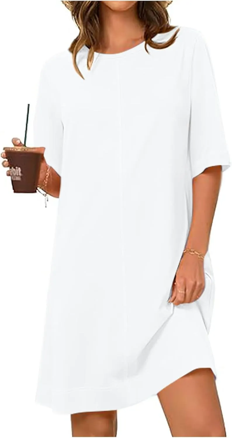 Women Short Sleeve Baggy T-Shirt Dresses, Summer Spring Round Neck Beach Cover ups, Plain Shift Dress Loose Fit