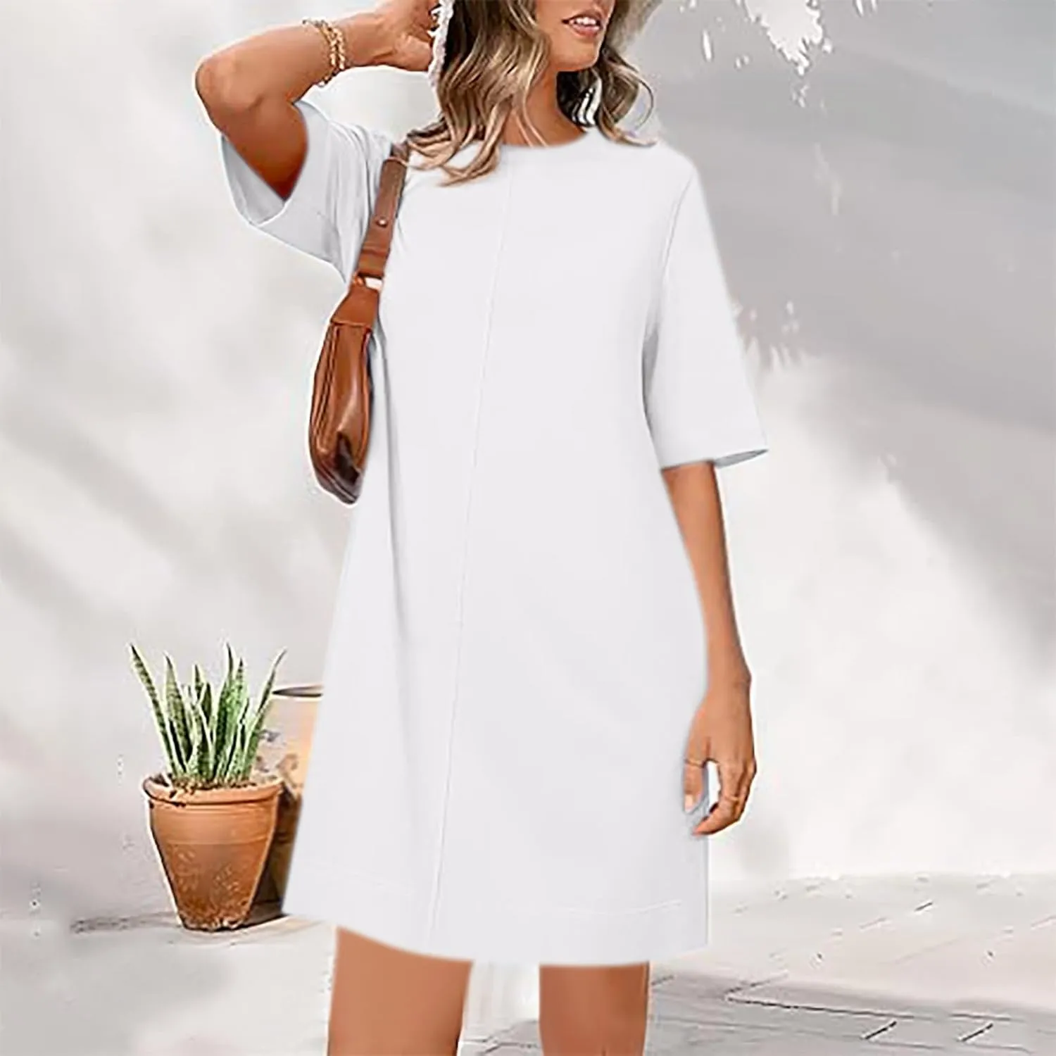 Women Short Sleeve Baggy T-Shirt Dresses, Summer Spring Round Neck Beach Cover ups, Plain Shift Dress Loose Fit