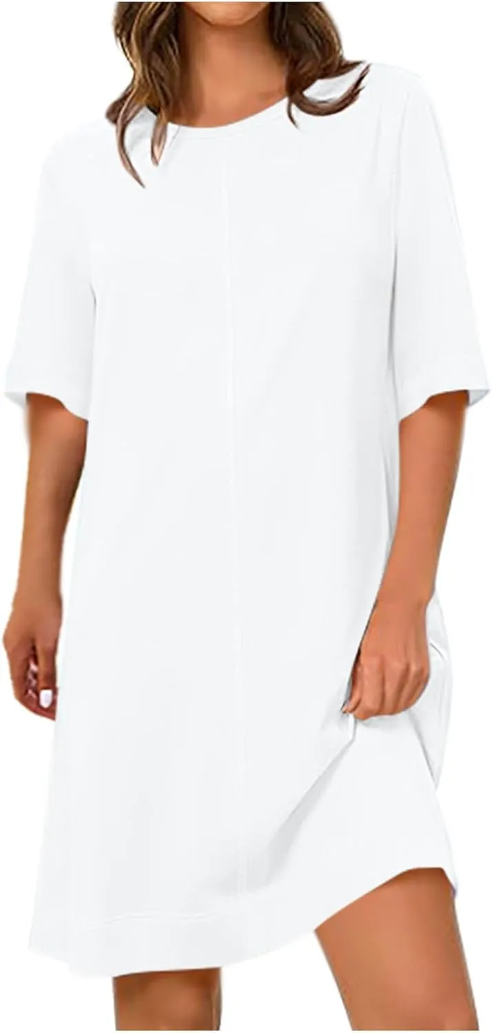 Women Short Sleeve Baggy T-Shirt Dresses, Summer Spring Round Neck Beach Cover ups, Plain Shift Dress Loose Fit