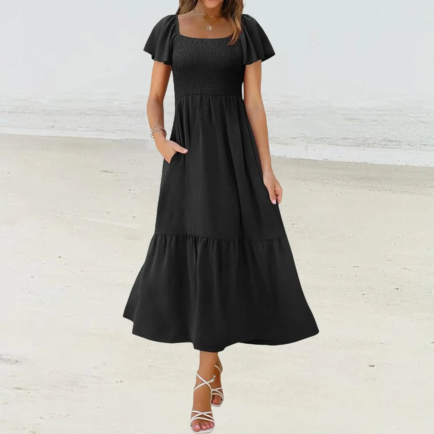Women Summer Casual Square Neck Flutter Sleeve Boho Smocked A-Line Flowy Tiered Modest Maxi Sun Dress with Pockets
