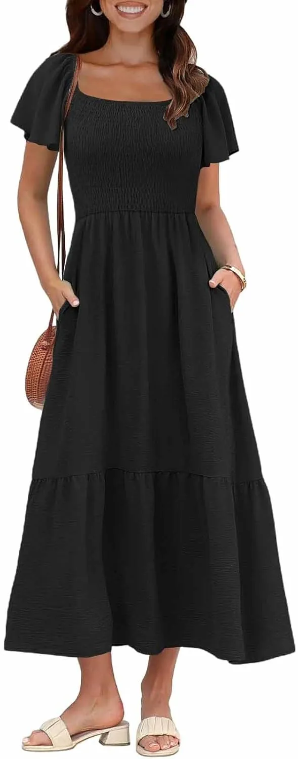 Women Summer Casual Square Neck Flutter Sleeve Boho Smocked A-Line Flowy Tiered Modest Maxi Sun Dress with Pockets