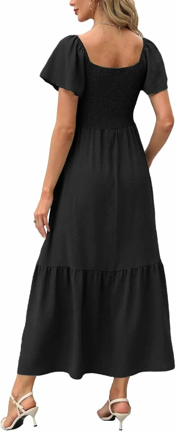 Women Summer Casual Square Neck Flutter Sleeve Boho Smocked A-Line Flowy Tiered Modest Maxi Sun Dress with Pockets