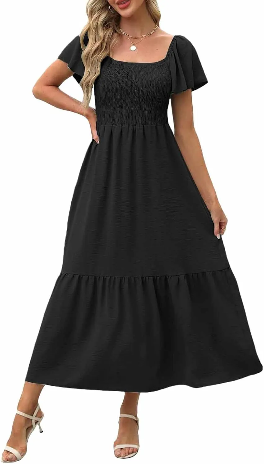 Women Summer Casual Square Neck Flutter Sleeve Boho Smocked A-Line Flowy Tiered Modest Maxi Sun Dress with Pockets