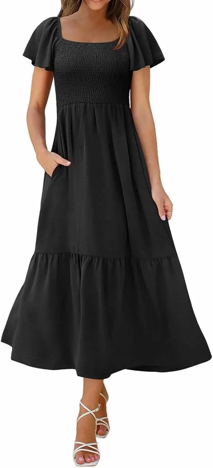 Women Summer Casual Square Neck Flutter Sleeve Boho Smocked A-Line Flowy Tiered Modest Maxi Sun Dress with Pockets