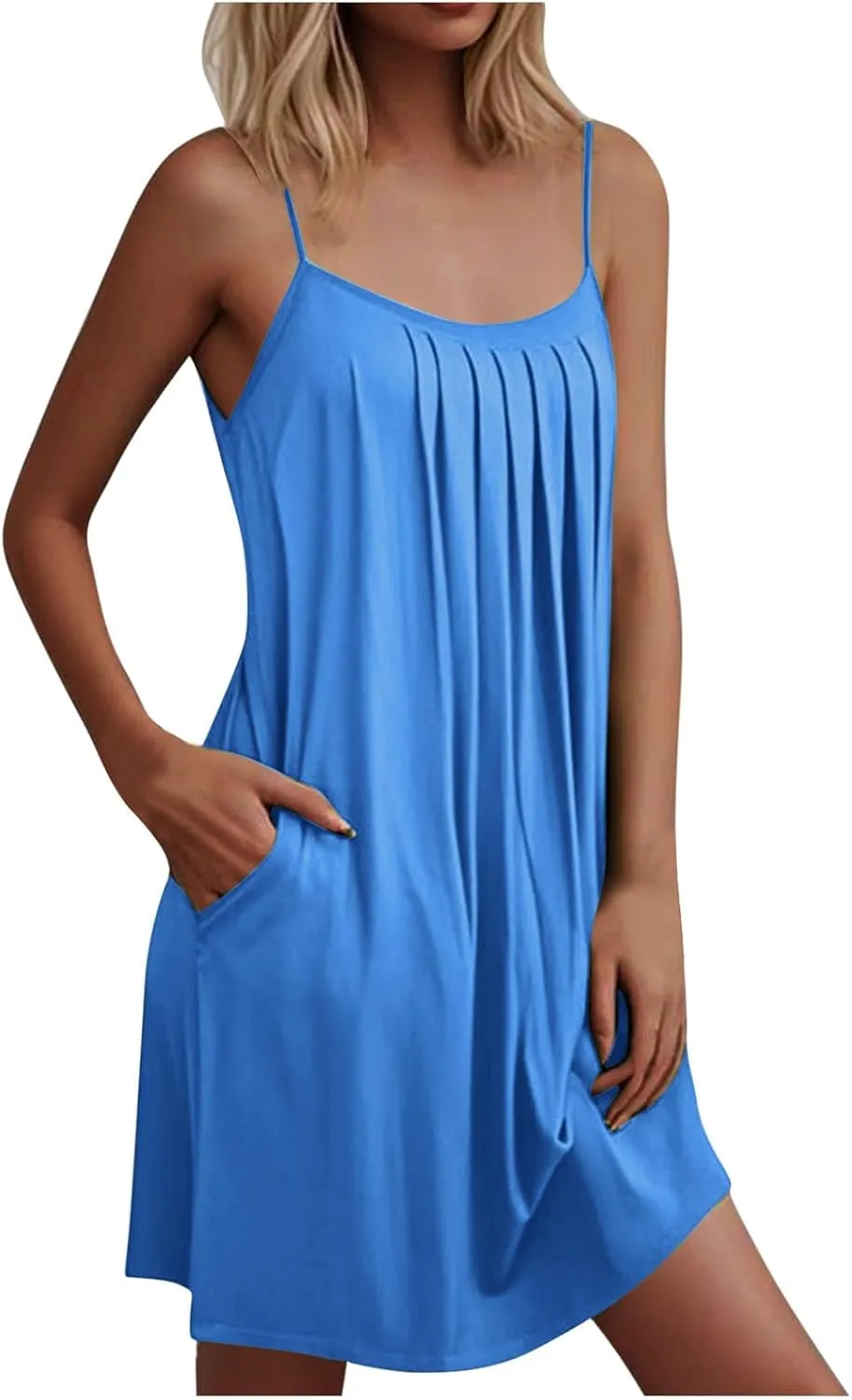 Women Summer Dresses Spaghetti Strap Pleated Mini Cami Sundresses Causal Swing A Line Beach Dress with Pockets