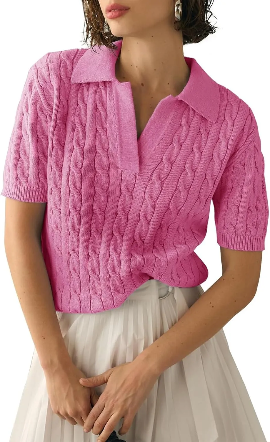 Womens Cable Knit Pullover Sweaters Solid Collared V Neck Elegant Boho Chic Casual Top Sweater