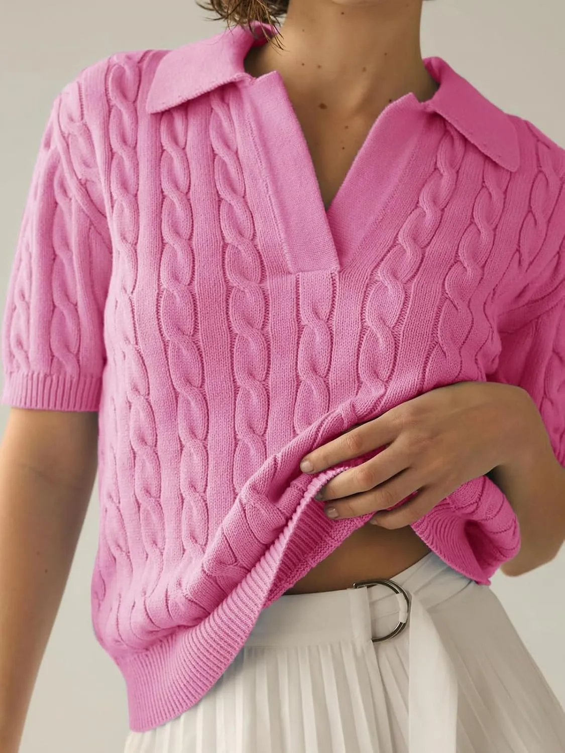 Womens Cable Knit Pullover Sweaters Solid Collared V Neck Elegant Boho Chic Casual Top Sweater