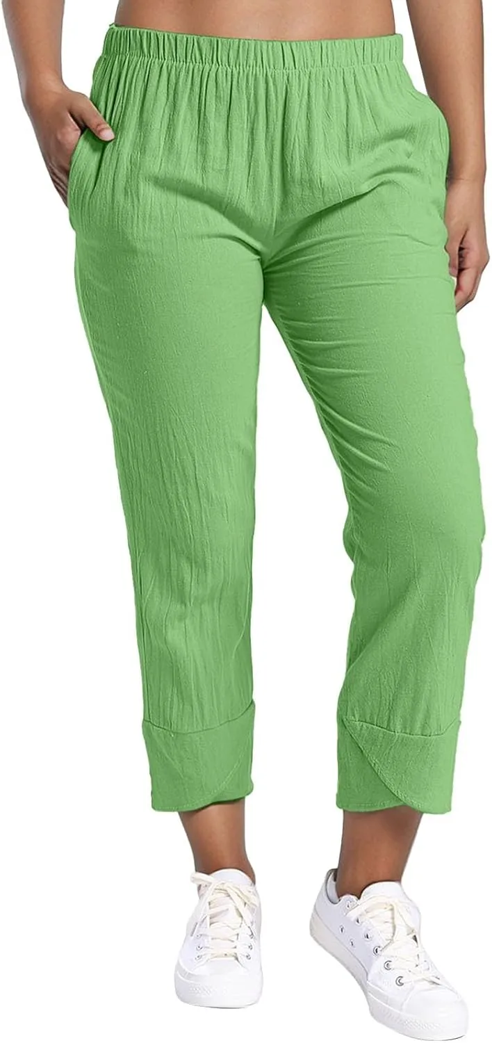 Women's Casual Pants 2025 Summer Tulip Hem Elastic Waist Straight-Leg Soft Loose Pants Baggy Trousers with Pockets