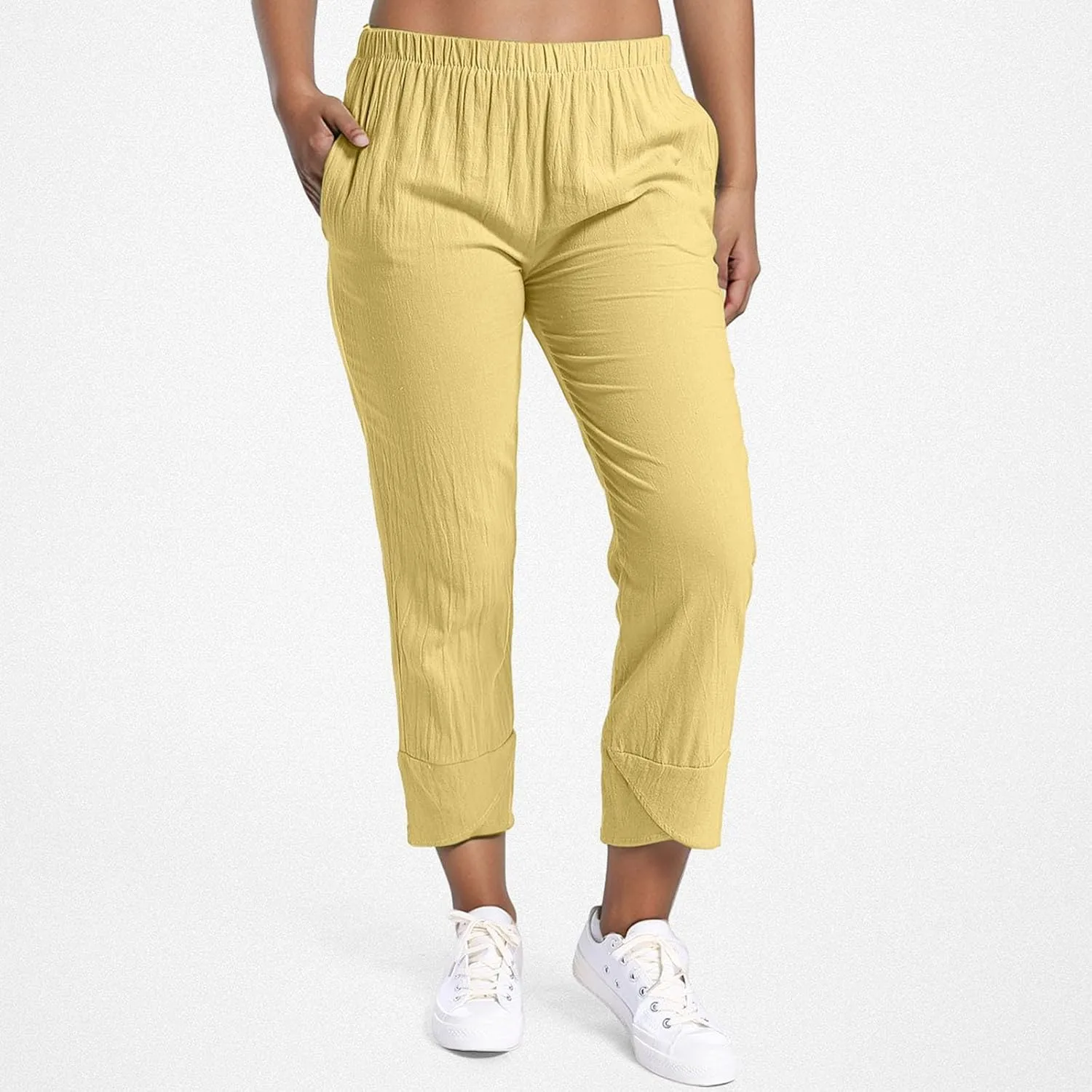 Women's Casual Pants 2025 Summer Tulip Hem Elastic Waist Straight-Leg Soft Loose Pants Baggy Trousers with Pockets