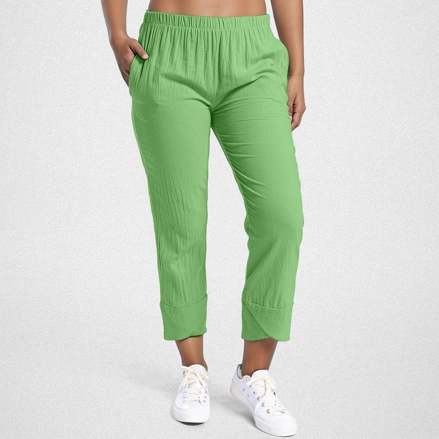 Women's Casual Pants 2025 Summer Tulip Hem Elastic Waist Straight-Leg Soft Loose Pants Baggy Trousers with Pockets