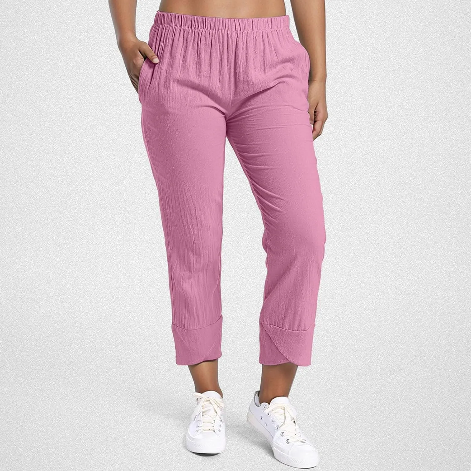 Women's Casual Pants 2025 Summer Tulip Hem Elastic Waist Straight-Leg Soft Loose Pants Baggy Trousers with Pockets