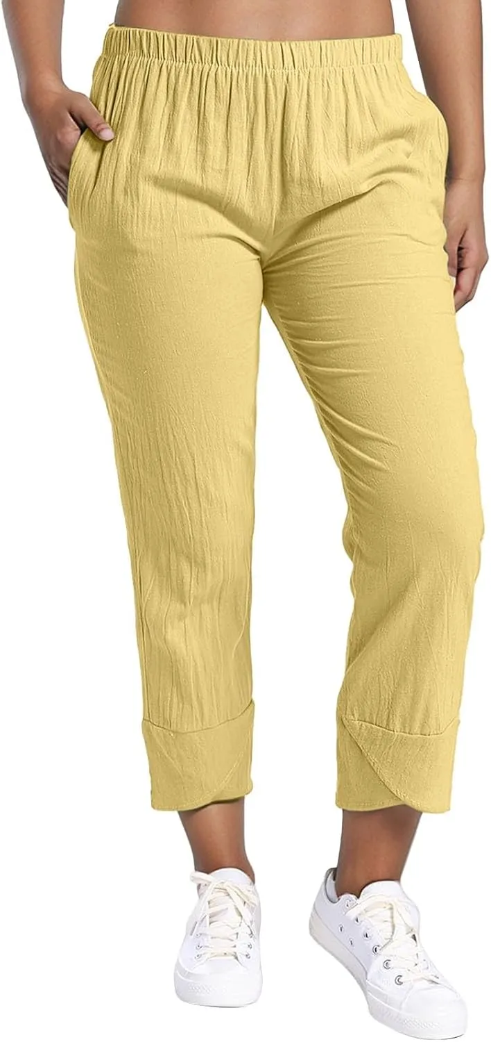 Women's Casual Pants 2025 Summer Tulip Hem Elastic Waist Straight-Leg Soft Loose Pants Baggy Trousers with Pockets