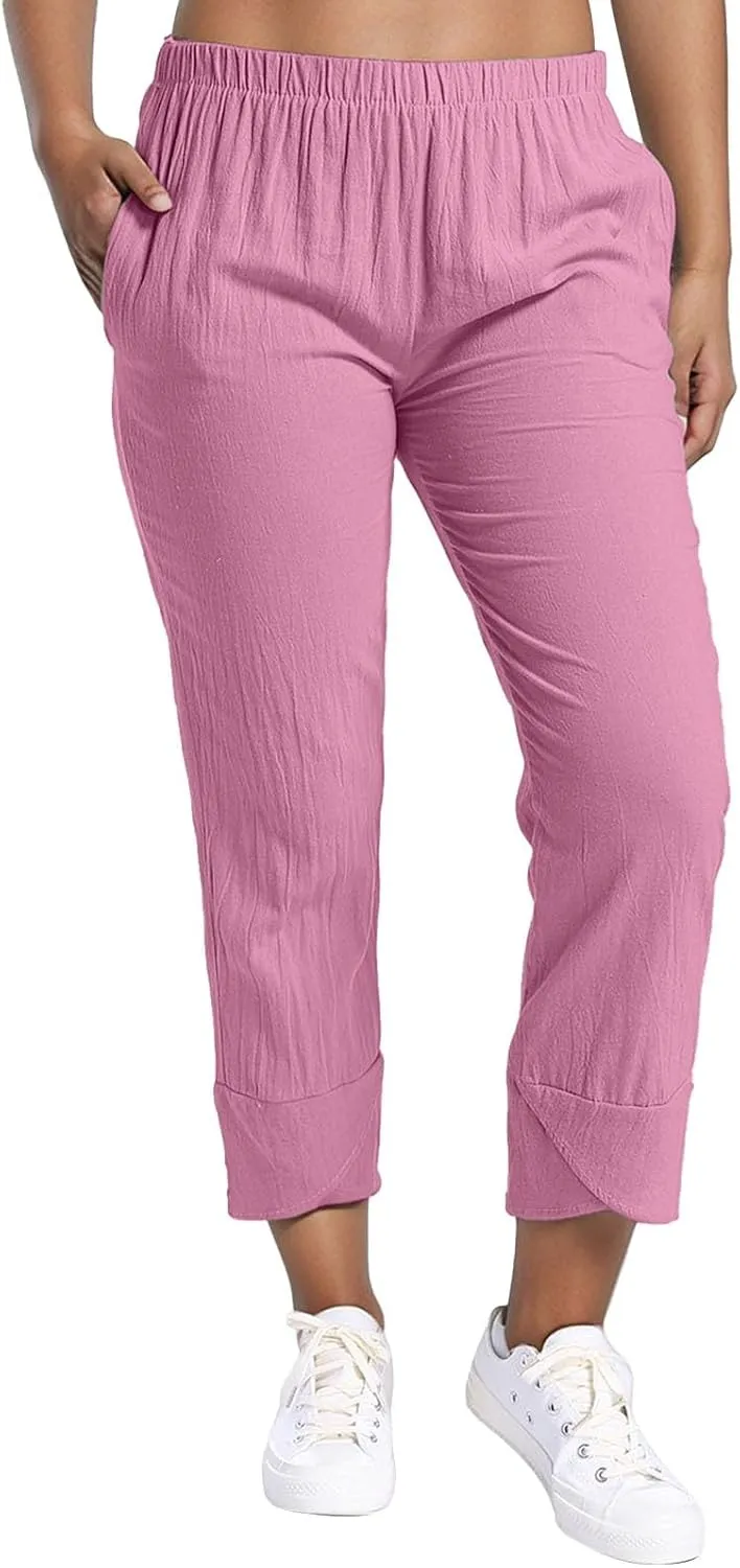 Women's Casual Pants 2025 Summer Tulip Hem Elastic Waist Straight-Leg Soft Loose Pants Baggy Trousers with Pockets
