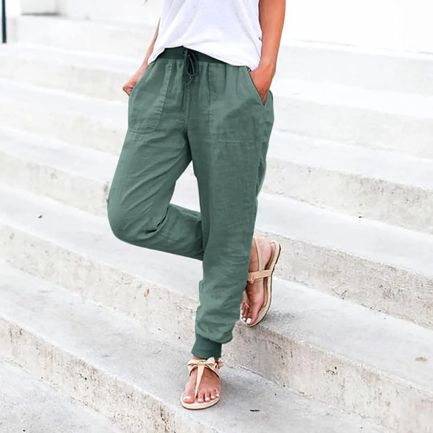 Womens Drawstring Cotton Linen Pants Solid Slim Fit Tapered Pant Soft Elastic Waist Straight Leg Trousers with Pocket