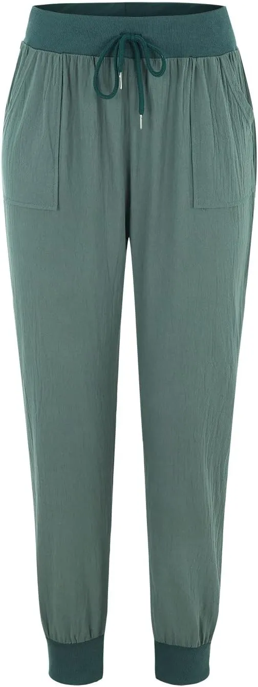 Womens Drawstring Cotton Linen Pants Solid Slim Fit Tapered Pant Soft Elastic Waist Straight Leg Trousers with Pocket