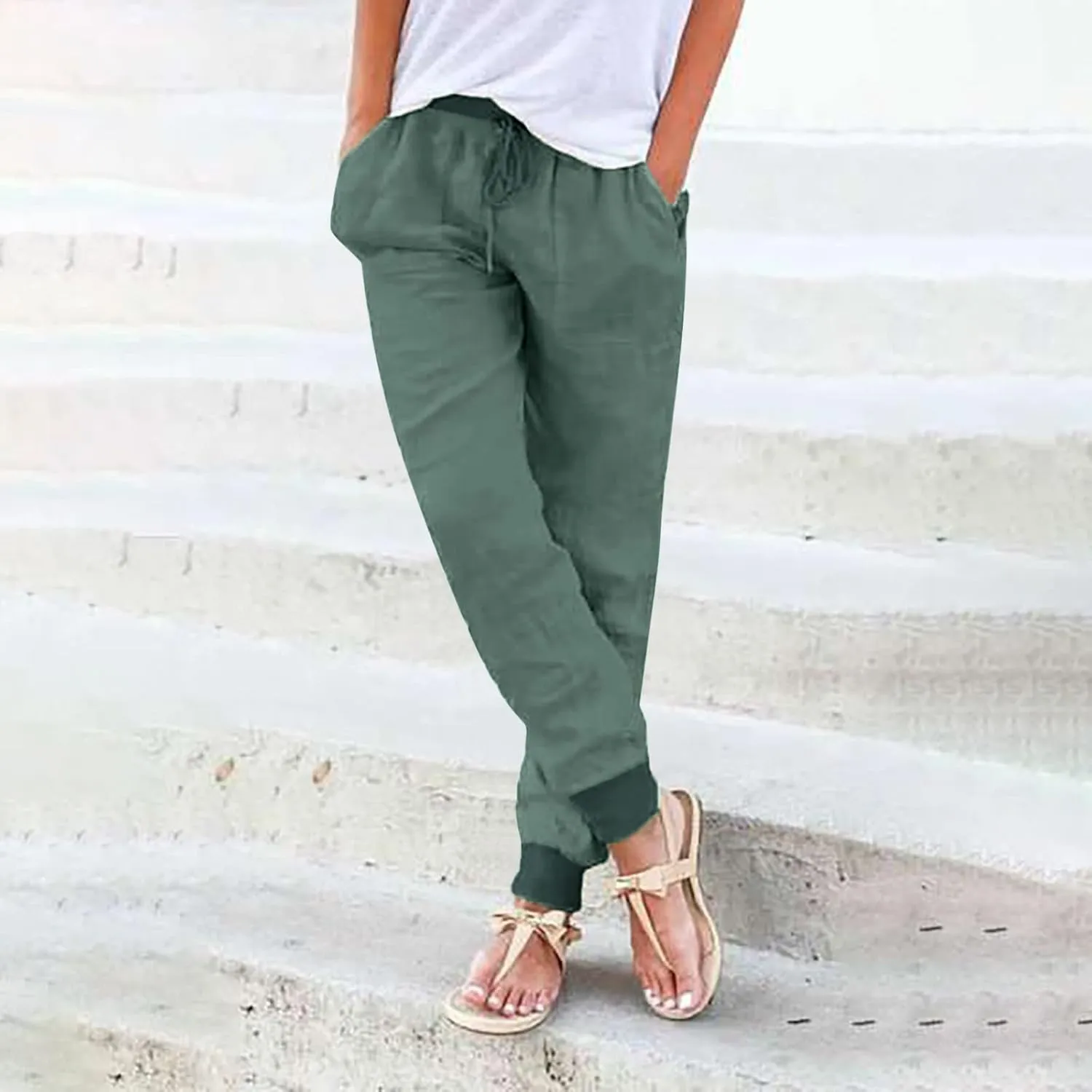 Womens Drawstring Cotton Linen Pants Solid Slim Fit Tapered Pant Soft Elastic Waist Straight Leg Trousers with Pocket