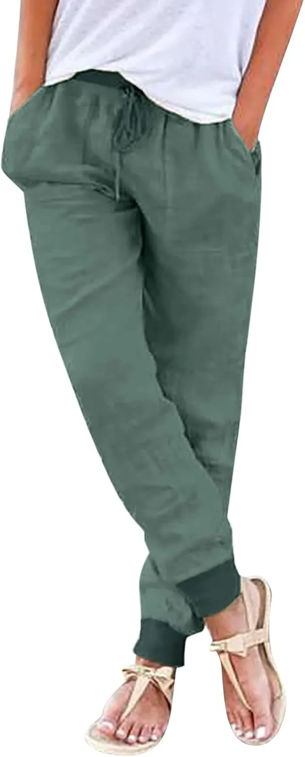 Womens Drawstring Cotton Linen Pants Solid Slim Fit Tapered Pant Soft Elastic Waist Straight Leg Trousers with Pocket