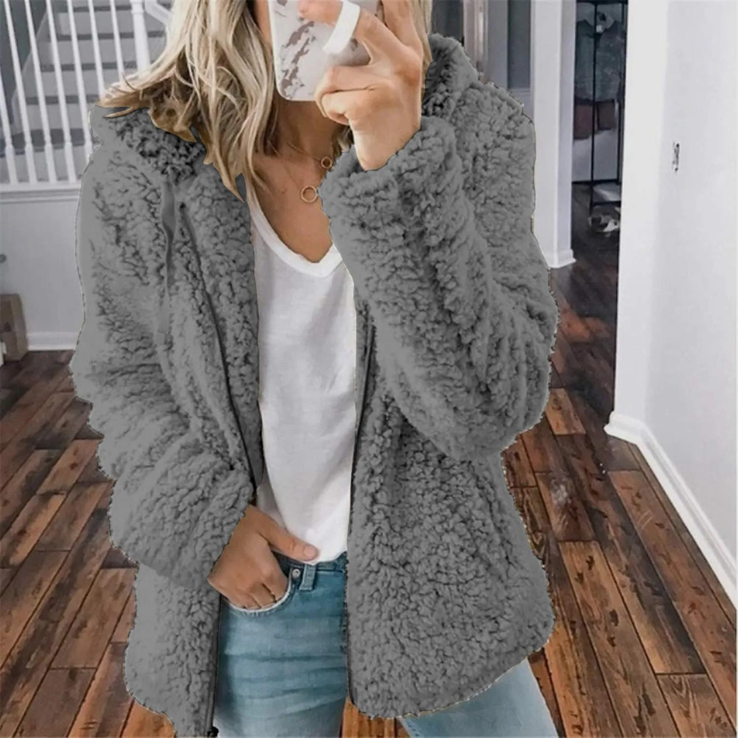 Womens Fuzzy Fleece Jacket 2024 Warm Winter Coats Soft Loose Cozy Long Sleeve Hooded Padded Outwear Trendy Teddy Coat