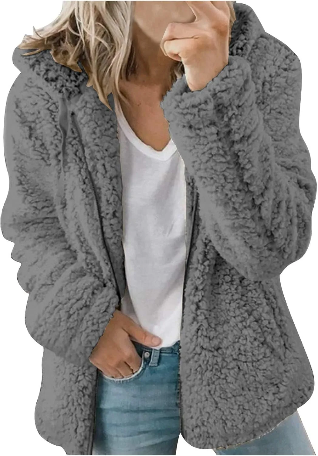 Womens Fuzzy Fleece Jacket 2024 Warm Winter Coats Soft Loose Cozy Long Sleeve Hooded Padded Outwear Trendy Teddy Coat