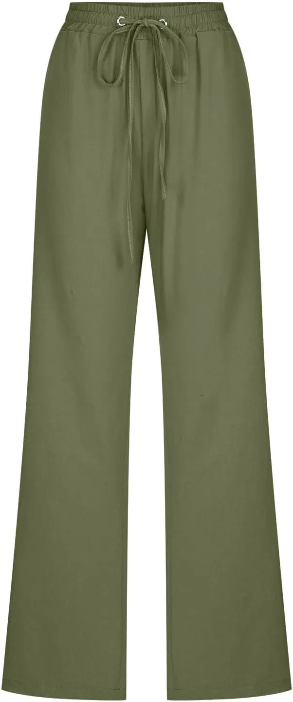 Women's Linen Pants Drawstring Lightweight Beach Pants Summer Soft High Waisted Straight Leg Casual Trousers Pockets