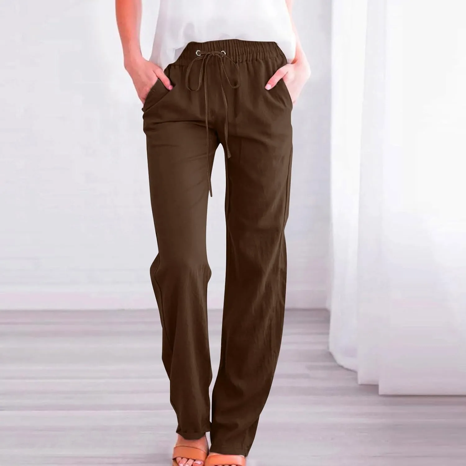 Women's Linen Pants Drawstring Lightweight Beach Pants Summer Soft High Waisted Straight Leg Casual Trousers Pockets