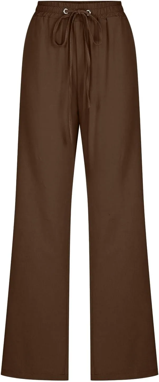 Women's Linen Pants Drawstring Lightweight Beach Pants Summer Soft High Waisted Straight Leg Casual Trousers Pockets