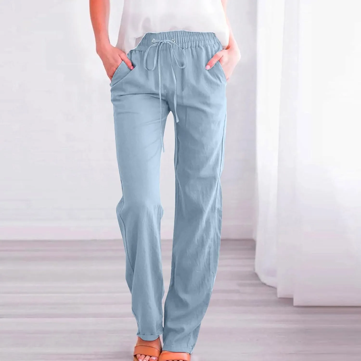 Women's Linen Pants Drawstring Lightweight Beach Pants Summer Soft High Waisted Straight Leg Casual Trousers Pockets