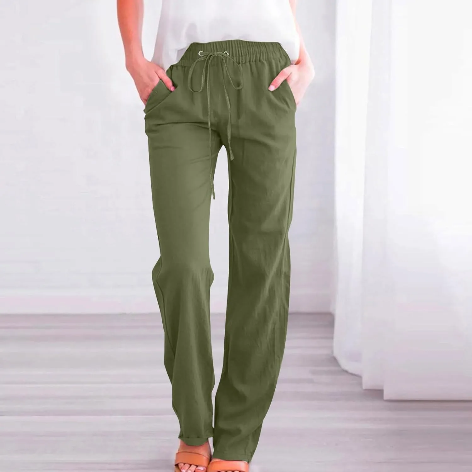 Women's Linen Pants Drawstring Lightweight Beach Pants Summer Soft High Waisted Straight Leg Casual Trousers Pockets